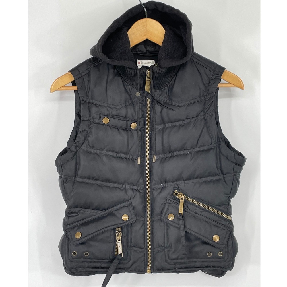 No Boundaries Womens Vest Small Puffer Black Hooded Down Fill Biker Grunge